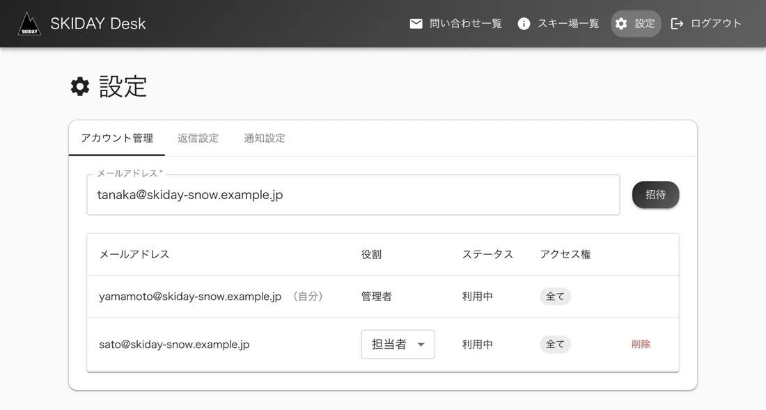 アカウント管理の画面。招待の入力欄と、メールアドレス・役割・ステータス・アクセス権の一覧
