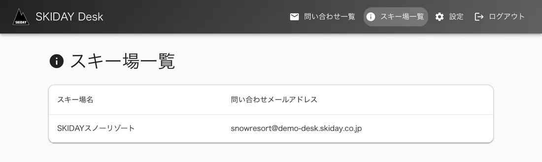 スキー場一覧の画面。スキー場名と問い合わせメールアドレス